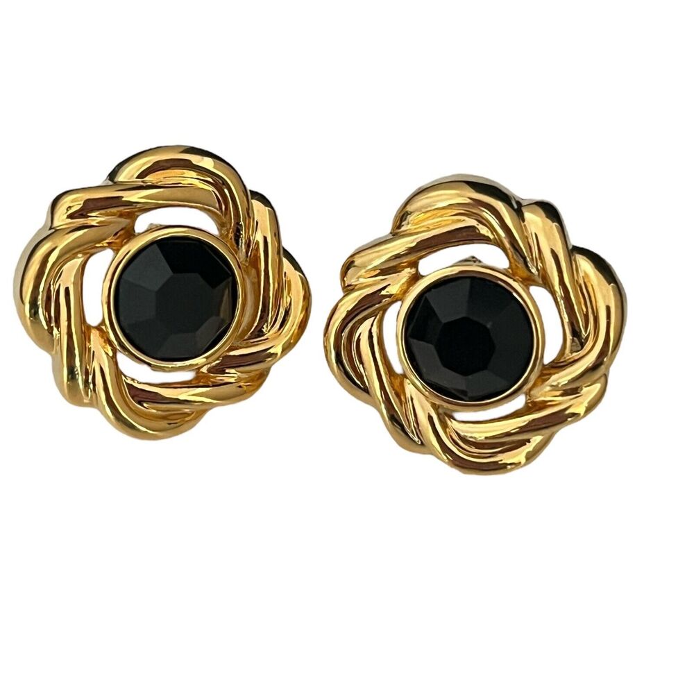Vintage 1990s Savvy by Swarovski Black Crystal Earrings Gold Tone Pierced - 5D